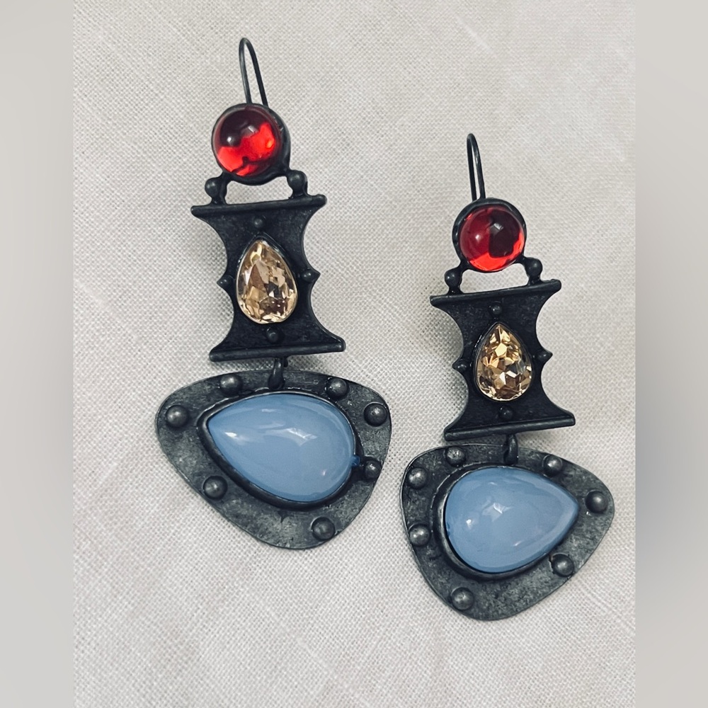 Vintage Hand Crafted Jewel Tone Glass Geometric Dangle Earrings 2.25”